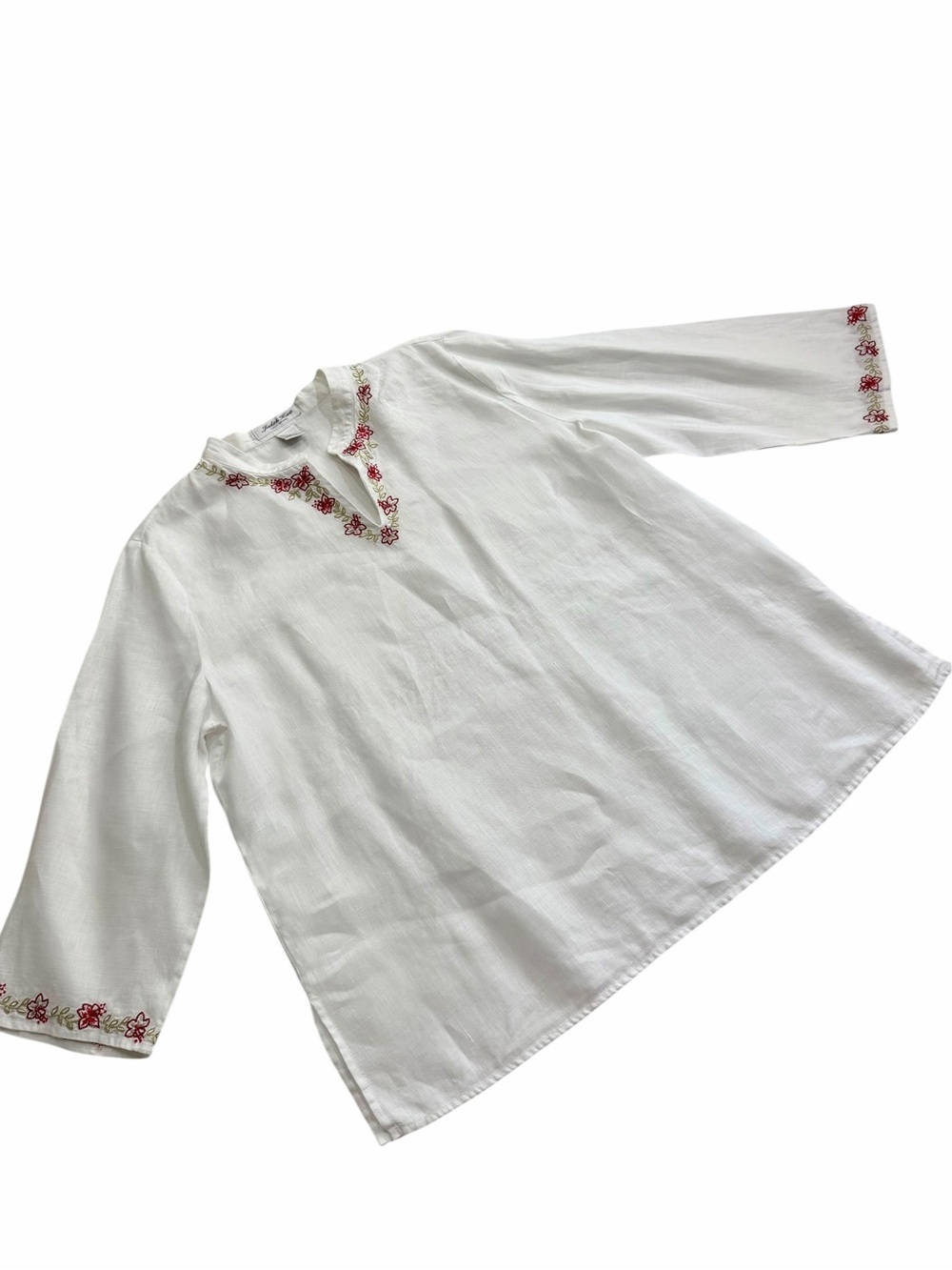 White Linen Floral Embroidered Top Size 16 Boho Peasant Tunic Breathable Summer - Picture 4 of 11